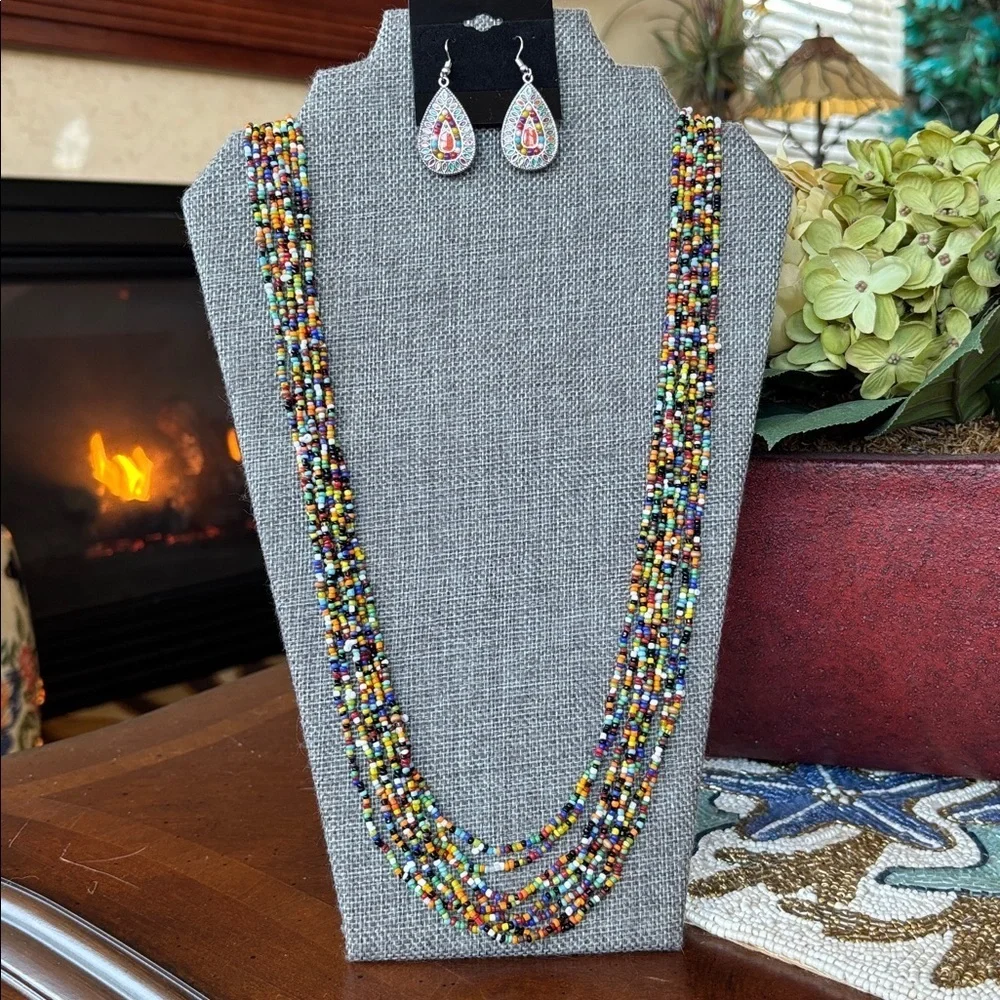 Vintage Seed Beaded Multi-Strand Long Wood Bead Colorful & Teardrop Earrings